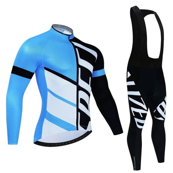 Set ciclist pentru bărbați – tricou cu mânecă lungă și pantaloni cu bretele, respirabil, pentru ciclism, sport și activități de timp liber albastru XL