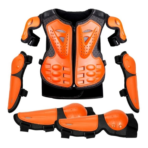 Set complet de protecții pentru copii pentru motocicletă, vestă ergonomic 47 × 32 cm, protecții pentru coate 27 cm, protecții portocale