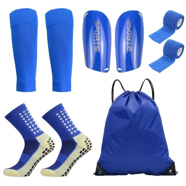 Set da 5 pezzi per il allenamento di calcio per uomini e donne, calze alte 39-45 EUR, parastinchi, bende, copertura per le gambe, borsa blu