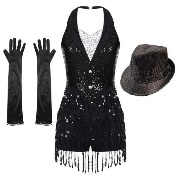 Set da ballo donna con abito in paillettes e frange, cappello e guanti, look gilet con colletto, poliestere elastan, per latino e jazz nero M