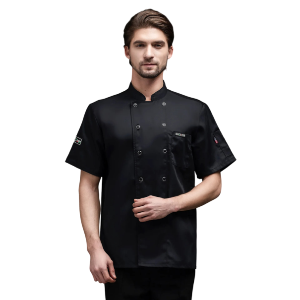 Set da cucina con blusa a manica corta, grembiule, tasche, bottoni, poliestere, abbigliamento da lavoro per la cucina, abbigliamento gastronomico nero S