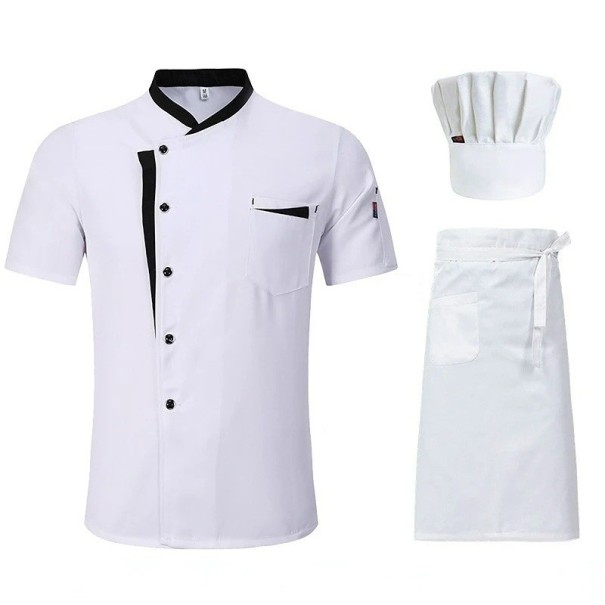 Set da cuoco con blusa maniche corte bottoni colletto grembiule cappello tasca cotone poliestere abbigliamento da lavoro in cucina bianco 4XL