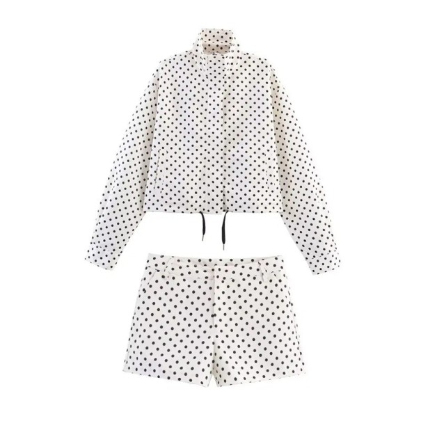 Set da donna felpa e pantaloni corti con motivo a pois in poliestere Collo alto con cordino Maniche lunghe Vestibilità ampia Abbigliamento per casa e fuori bianco L