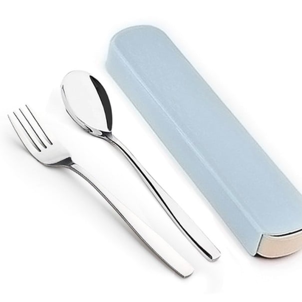 Set da viaggio di posate Cucchiaio e forchetta in acciaio inossidabile in astuccio di plastica 20 x 5 cm Lunghezza del cucchiaio 16,7 cm azzurro