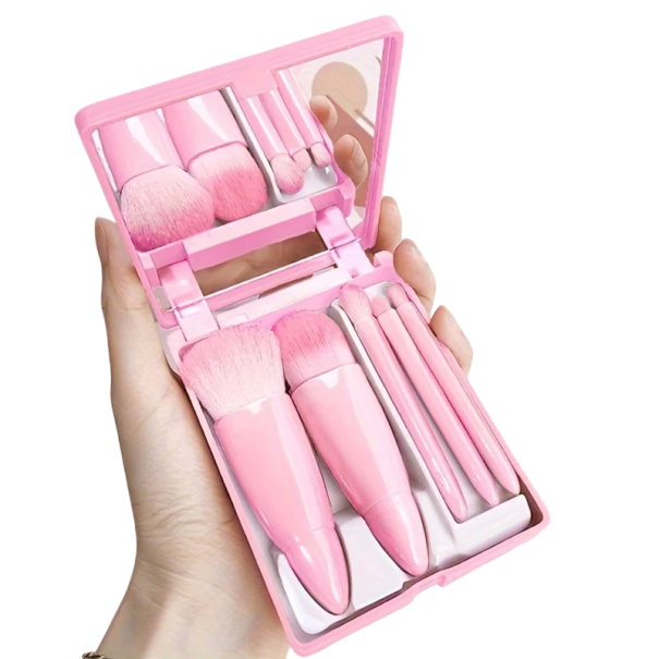 Set da viaggio pieghevole di 5 pennelli per trucco 11 x 8,6 cm Set portatile con specchio Custodia in plastica Pennelli mini in fibra di lana rosa