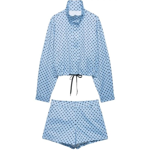 Set damă cu jachetă și pantaloni scurți cu buline, guler și strângere cu șnururi din poliester, pentru timp liber, de vară, pentru oraș și purtare zilnică albastru XS