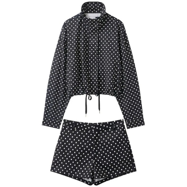 Set damă cu jachetă și pantaloni scurți cu buline, guler și strângere cu șnururi din poliester, pentru timp liber, de vară, pentru oraș și purtare zilnică negru L