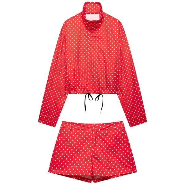 Set damă cu jachetă și pantaloni scurți cu buline, guler și strângere cu șnururi din poliester, pentru timp liber, de vară, pentru oraș și purtare zilnică roșu L