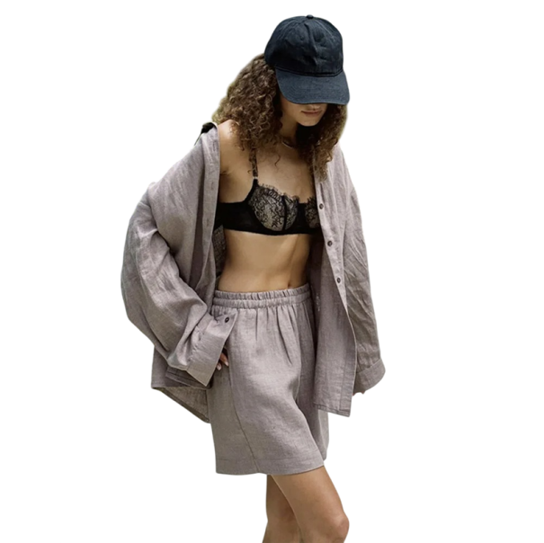 Set damă din bumbac cămașă și pantaloni scurți Croi liber oversize Mâneci lungi Guler de cămașă și nasturi Talie elastică Pentru vară și timp liber maro L