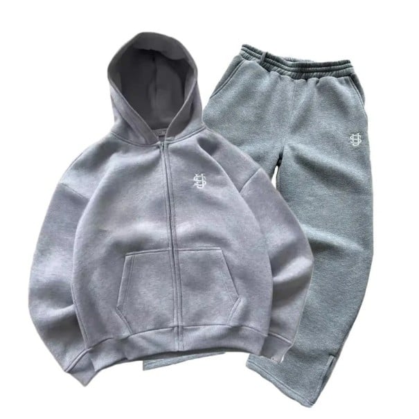 Set Damă Hanorac cu Fermuar și Glugă și Pantaloni cu Talie Elastică Polyester Culoare Gri Costum Sportiv pentru Sport și Timp Liber XXL