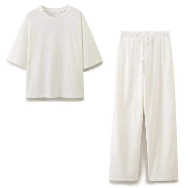 Set damă tricou și pantaloni Croi liber Mâneci scurte Decolteu rotund Pantaloni largi Șnur de strângere în talie Poliester Pentru timp liber și acasă alb L