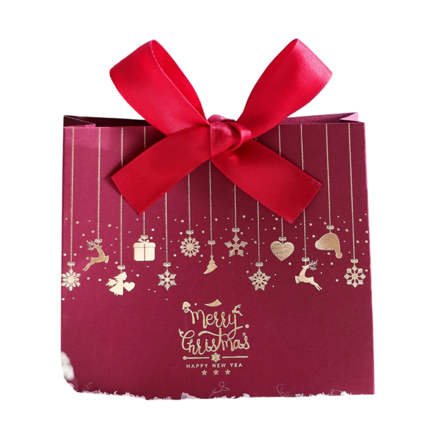Set de 10 bucăți de pungi de cadou de Crăciun 11,5 × 10 × 4,5 cm cu imprimeu de Crăciun și fundiță, pungi din hârtie pentru ambalarea cadourilor roșu