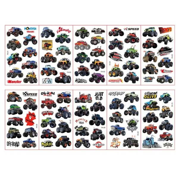 Set de 10 foi de tatuaje temporare cu mașini de teren uriașe, camioane speciale și mașini de curse, autocolante colorate pentru corp. 1
