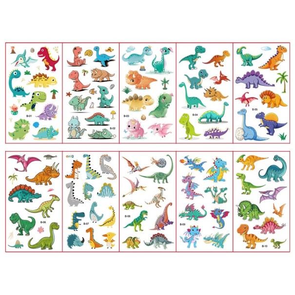 Set de 10 foițe de tatuaje temporare 12 x 7 cm cu dinozauri autocolante colorate pentru copii cu motive preistorice 1