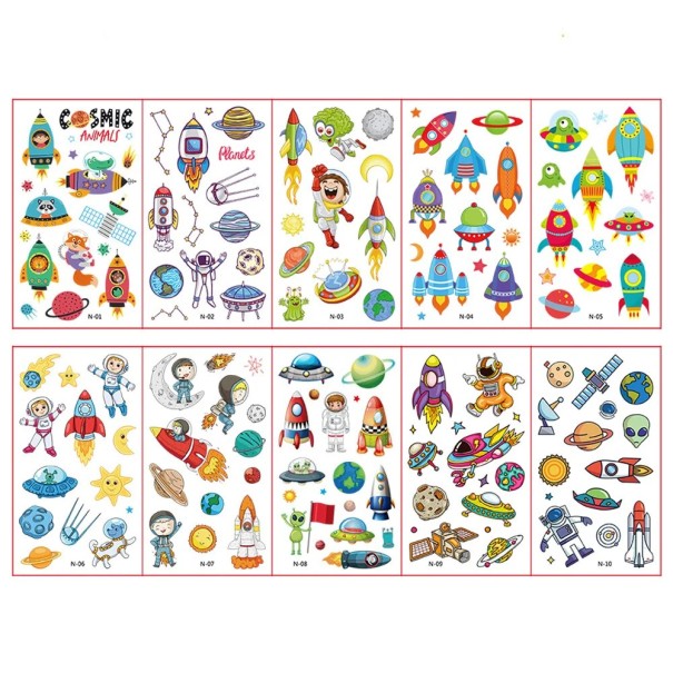 Set de 10 foițe de tatuaje temporare 12 x 7 cm univers rachete planete astronauți autocolante pentru copii 1