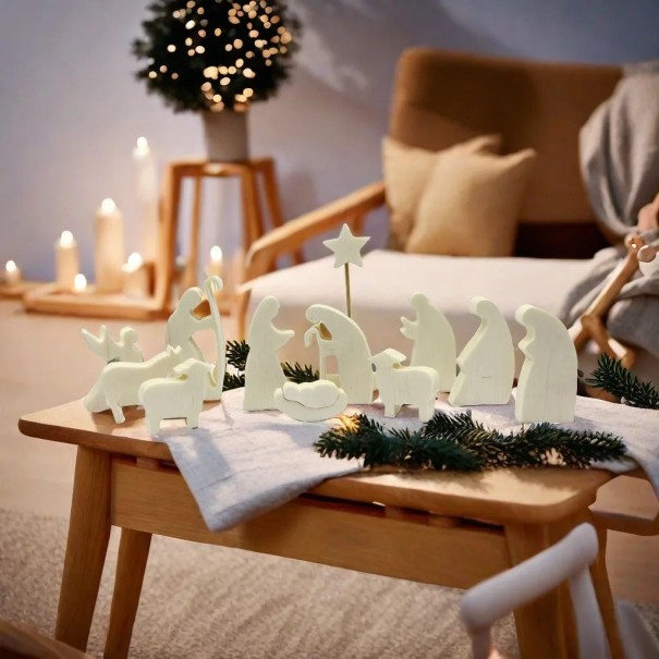 Set de 11 figurine din lemn pentru iesle Figurine din lemn natural pentru decoratiuni de Crăciun Set de figurine pentru iesle din material natural 1