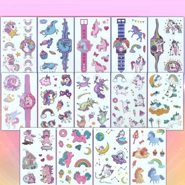 Set de 14 foițe de tatuaje temporare strălucitoare cu motiv de unicorni, autocolante pentru corp și decorațiuni rezistente la apă pentru copii 1
