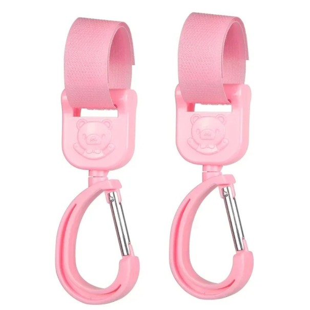 Set de 2 cârlige rotative pentru cărucior 15 cm Suporturi universale pentru geantă Rotație 360° Închidere cu velcro roz