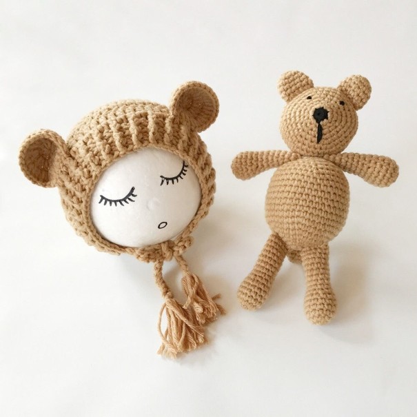 Set de 2 gorros y osito de peluche para niños caqui