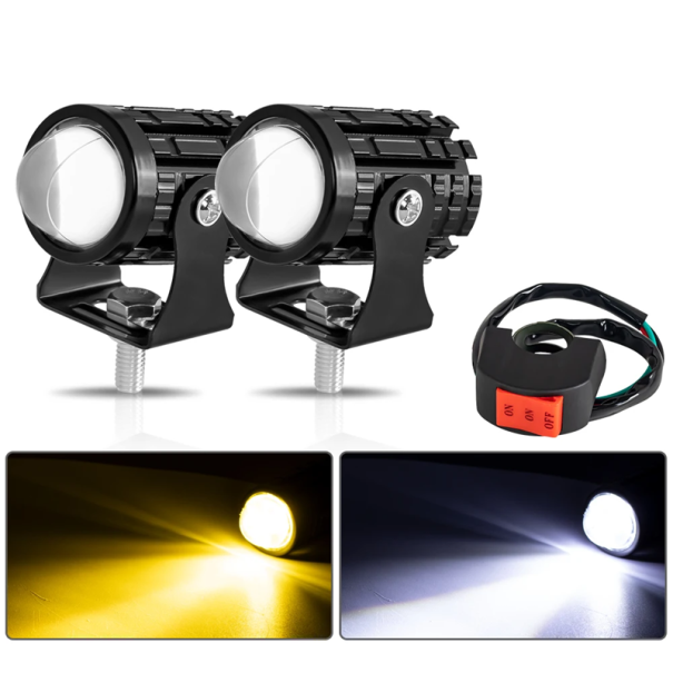 Set de 2 lumini LED pentru motocicletă, 3000 lm, alb cald, IP67, impermeabile, din aliaj de aluminiu, cu întrerupător, montare universală, reflector 1