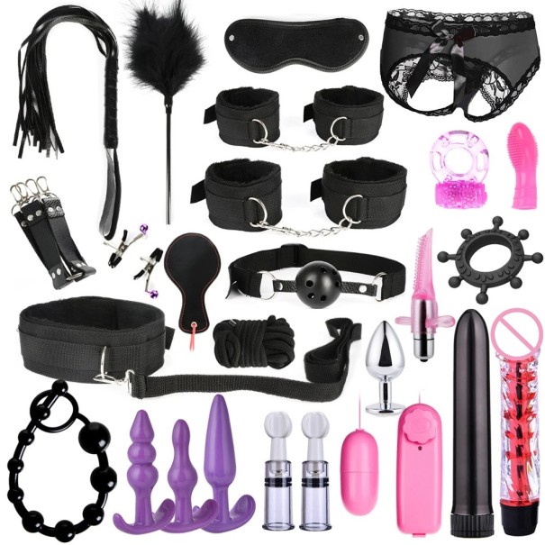 Set de 26 herramientas eróticas BDSM para un juego de bondage intenso con un juego de esposas, látigos, vibradores, pinzas y otros elementos Embalaje discreto negro