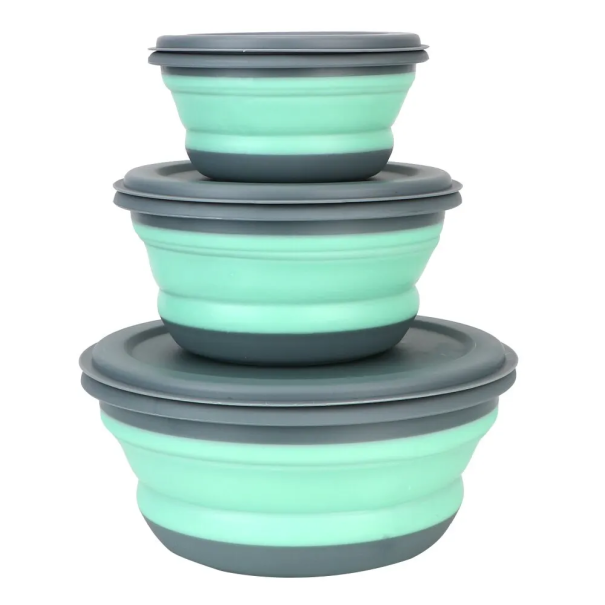 Set de 3 boluri pliabile din silicon cu capace Boluri rotunde pentru alimente Recipiente portabile pentru alimente Recipiente de depozitare pentru călătorii verde
