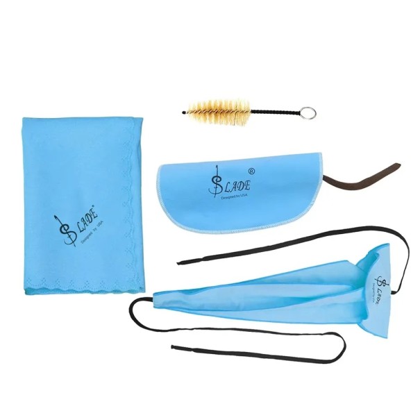 Set de 3 cârpe de curățare de dimensiuni diferite + perie pentru saxofon, clarinet, trompetă, flaut, picolo, hoboj Accesorii din bumbac albastru