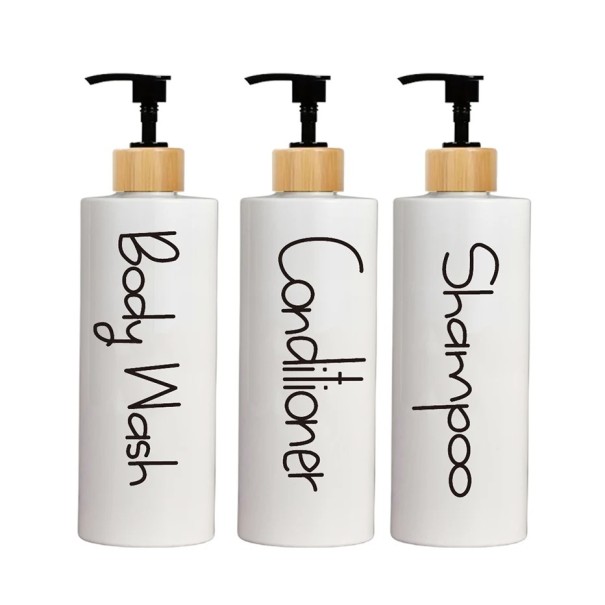 Set de 3 dozatoare alb-negru de 500 ml pentru gel de duș, șampon și balsam. Sticle de plastic cu pompă. Capac cu aspect de lemn. alb