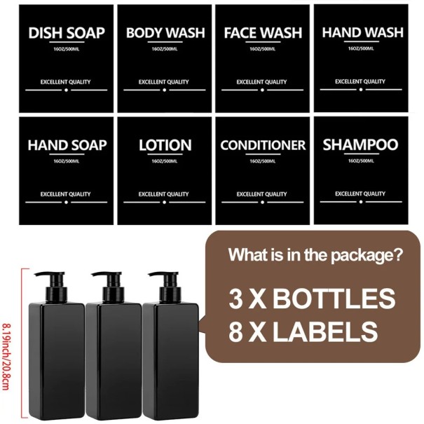 Set de 3 dozatoare de 500 ml cu autocolante pentru șampon, gel de duș și balsam. Sticle goale cu pompă și capac. negru