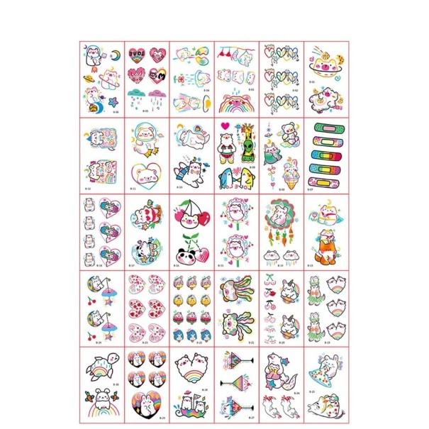 Set de 30 bucăți de tatuaje temporare 5,7 x 9,7 cm cu motive colorate pentru copii, animale, fructe și personaje de poveste pentru distracție 1
