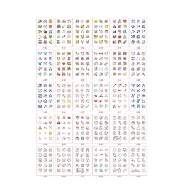 Set de 30 bucăți de tatuaje temporare 5,7 x 9,7 cm Motive mini colorate cu fețe zâmbitoare, animale și simboluri pentru copii 1