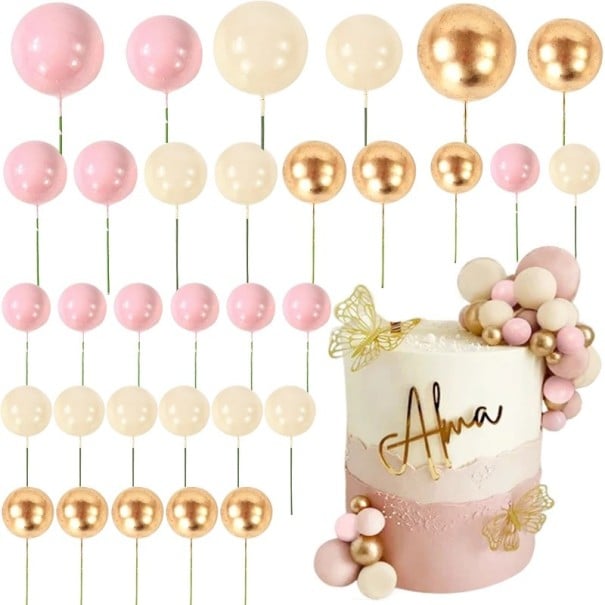 Set de 32 de bile colorate pentru tort, decorațiuni din plastic pentru tort, accesoriu creativ pentru decorarea festivă a tortului de ziua aur