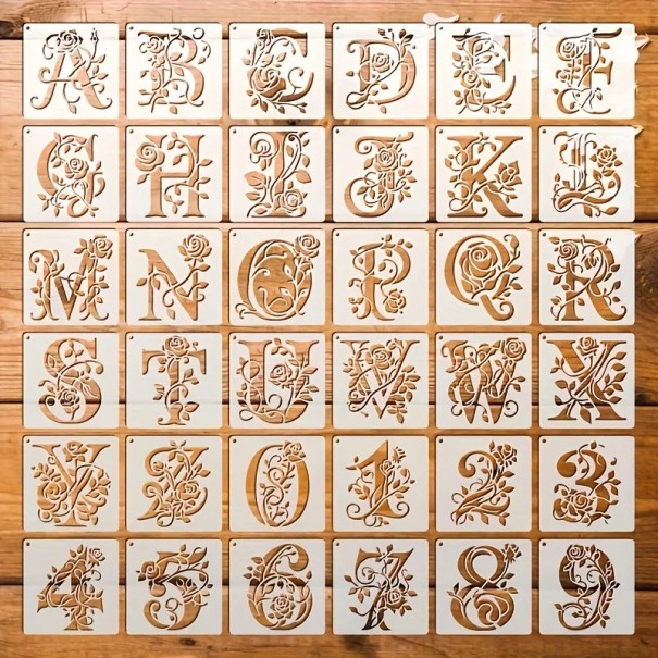 Set de 36 de șabloane din plastic cu litere și cifre design floral 10x10 cm PET reutilizabile pentru pictarea decorațiunilor textului 1