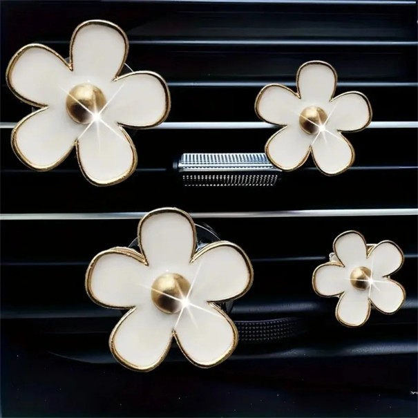 Set de 4 decorațiuni auto colorate, odorizante florale, margarete, cleme pentru evantai, aromaterapie, interior auto alb
