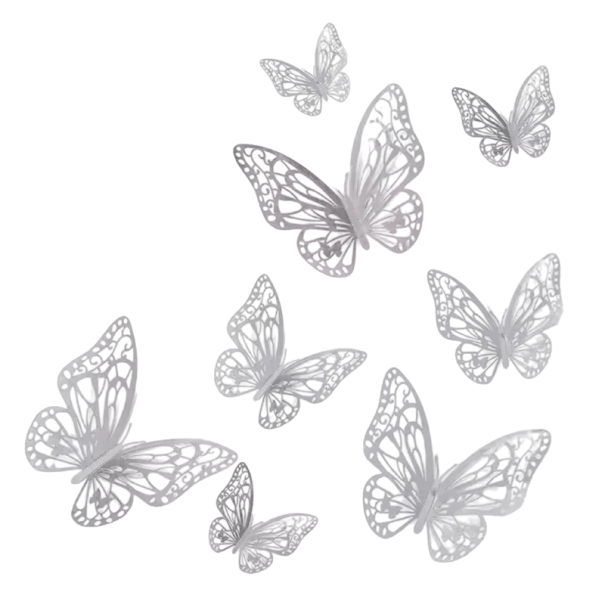 Set de 48 de autocolante de perete cu fluturi 3D, decorațiuni interioare, sufragerie, dormitor, cameră pentru copii, decorațiuni de perete argint
