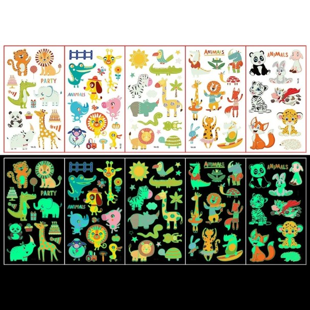 Set de 5 coli de tatuaje temporare luminoase cu animale, autocolante colorate pentru copii cu efect de zi și noapte 1