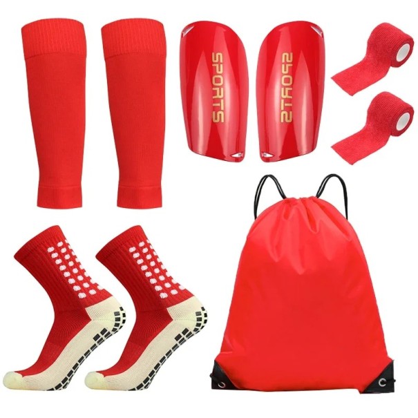 Set de 5 seturi de antrenament de fotbal pentru barbati si femei, sosete inalte 39-45 EUR, paratii pentru tibie, bandaje, husa pentru picioare, geanta roșu