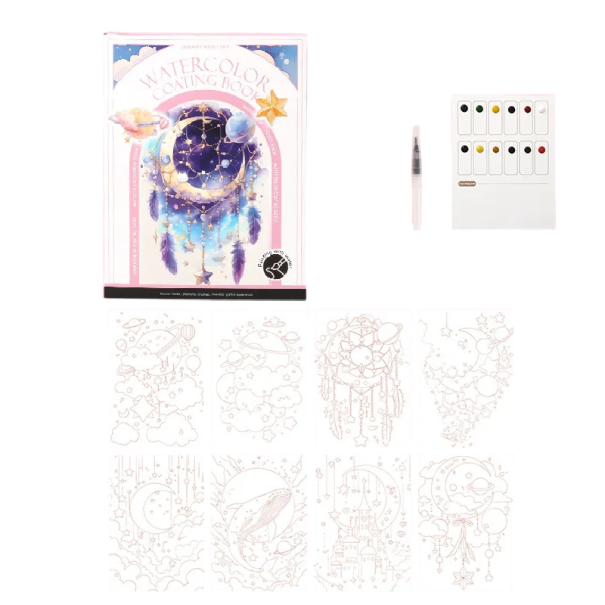 Set de acuarelă pentru pictură cu motiv cosmic 18,6 × 14,2 cm pensulă cu apă 12 culori hârtie pentru pictură acasă și în călătorii