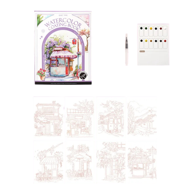 Set de acuarelă pentru pictură cu motive de cafenele și peisaje urbane 18,6 × 14,2 cm pensulă cu apă 12 culori hârtii pretipărite pentru călătorii