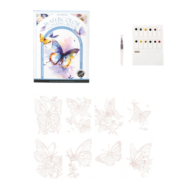 Set de acuarelă pentru pictură cu motive de fluturi 18,6 × 14,2 cm pensulă cu apă 12 culori hârtii pretipărite pentru acasă și călătorii
