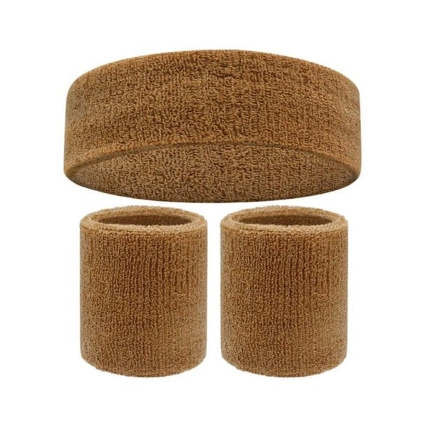 Set de bandă pentru cap și două brățări sport în culori strălucitoare. Material absorbant din bumbac pentru alergare, antrenament, ciclism maro