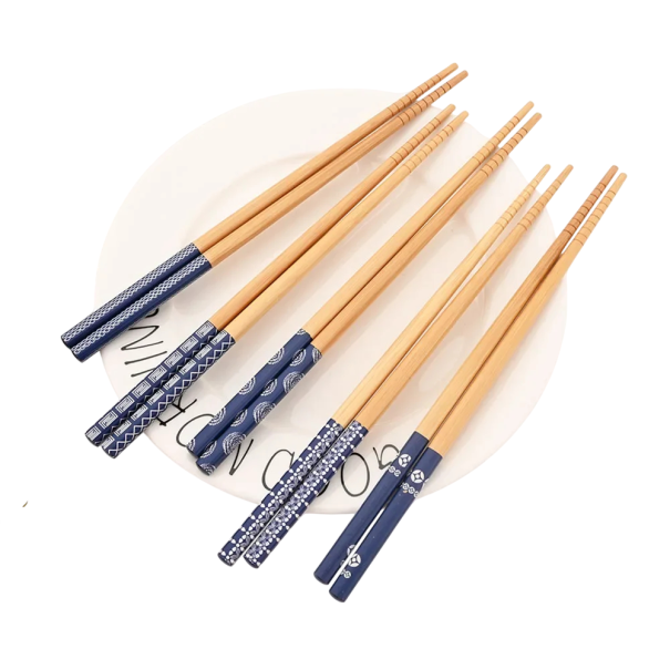 Set de bețișoare din bambus pentru sushi 5 perechi Bețișoare japoneze antiderapante cu mânere decorative albastre Bețișoare pentru noodles hot pot 1