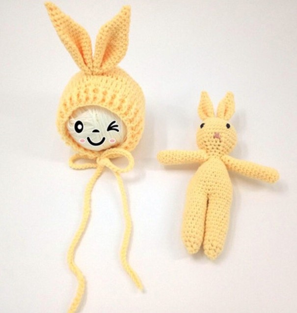 Set de bonnet tricoté et lapin pour enfants 2 pièces jaune