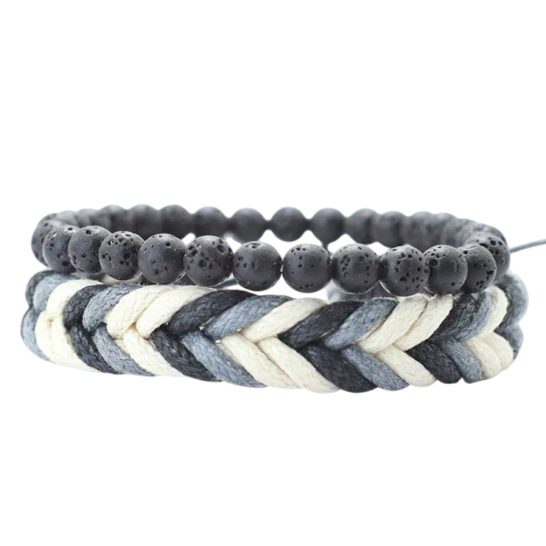 Set de brățări din lemn pentru bărbați cu design din mărgele și împletit, dimensiune ajustabilă 19,5 cm, material natural pentru purtare zilnică negru