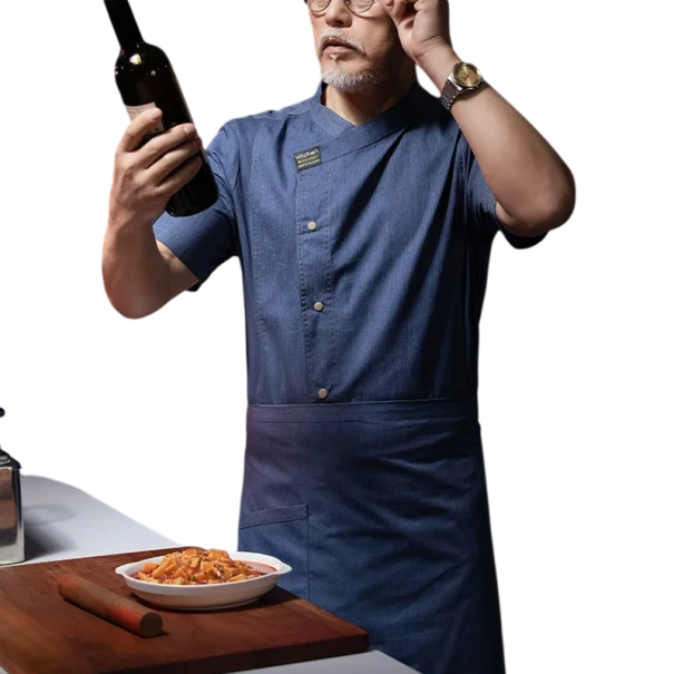 Set de bucătar cu mânecă scurtă, nasturi, guler, sort, buzunar, bumbac, poliester, îmbrăcăminte de lucru pentru bucătărie albastru XXS