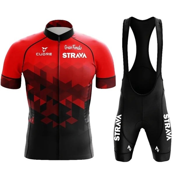 Set de ciclism pentru bărbați Strava – tricou cu mânecă scurtă cu fermoar și pantaloni scurți cu bretele, respirabil, pentru ciclism, sport și activități roșu XL
