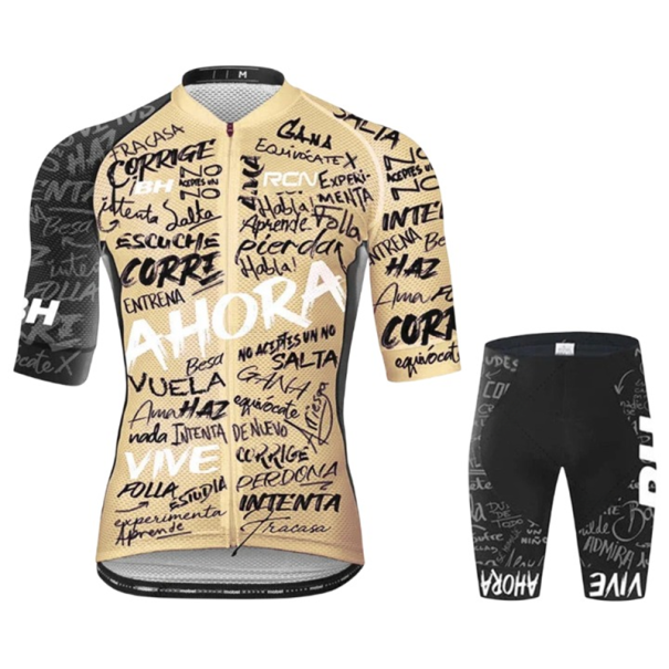 Set de ciclism pentru bărbați – tricou cu mânecă scurtă cu fermoar și pantaloni scurți, cu motiv de inscripții, pentru ciclism, sport și activități de agrement beige XL