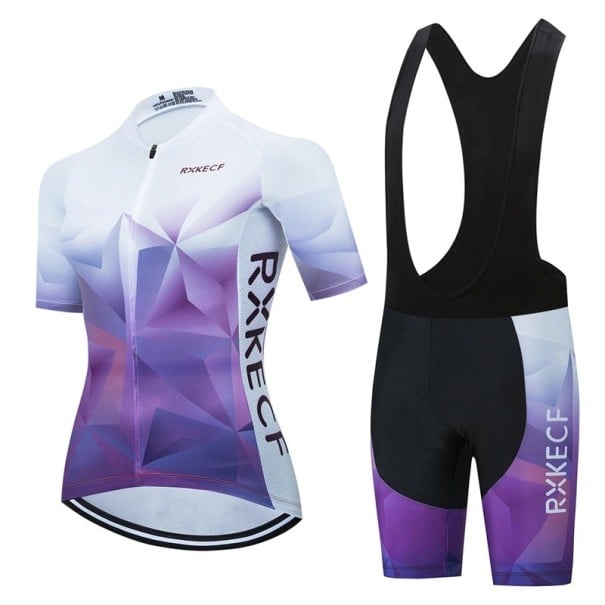 Set de ciclism pentru femei – tricou cu mânecă scurtă cu fermoar și pantaloni scurți cu bretele, pentru ciclism, sport și activități recreative violet L