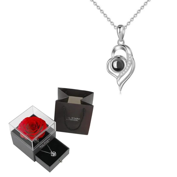 Set de colier de proiecție Te iubesc în 100 de limbi Cutie cadou cu pandantiv din cupru cu lanț de titan cu cadou romantic de trandafiri argint