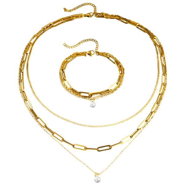 Set de colier și brățară cu lanțuri stratificate din oțel inoxidabil cu perle fine Bijuterii de lux pentru femei accesoriu elegant aur